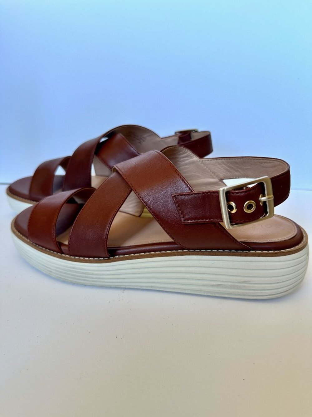 Cole Haan Cognac Leather Platform Sandals Size 9.5 Strappy Comfort Sandals